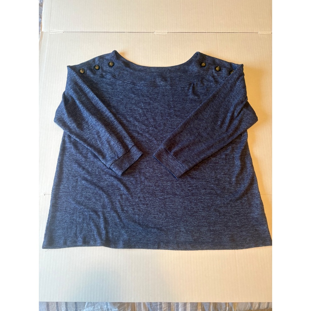 Cable & Gauge Blue Heathered Boat Neck Button Shoulder Sweater 1X Preppy Classic